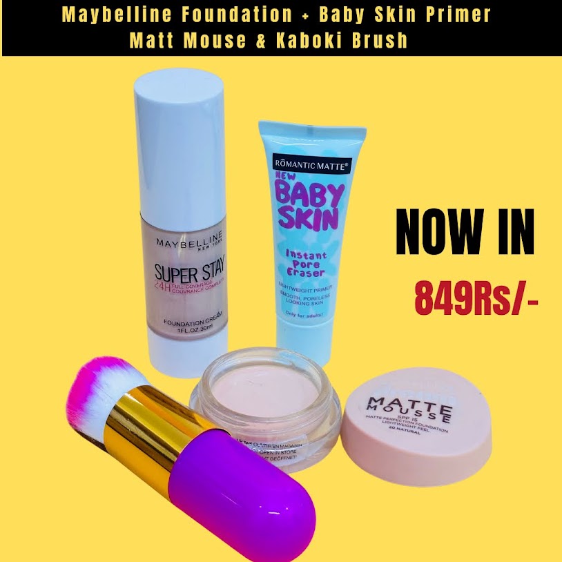 Maybelline Makeup Set – Foundation, Primer, Matte Mousse & Kabuki Brush