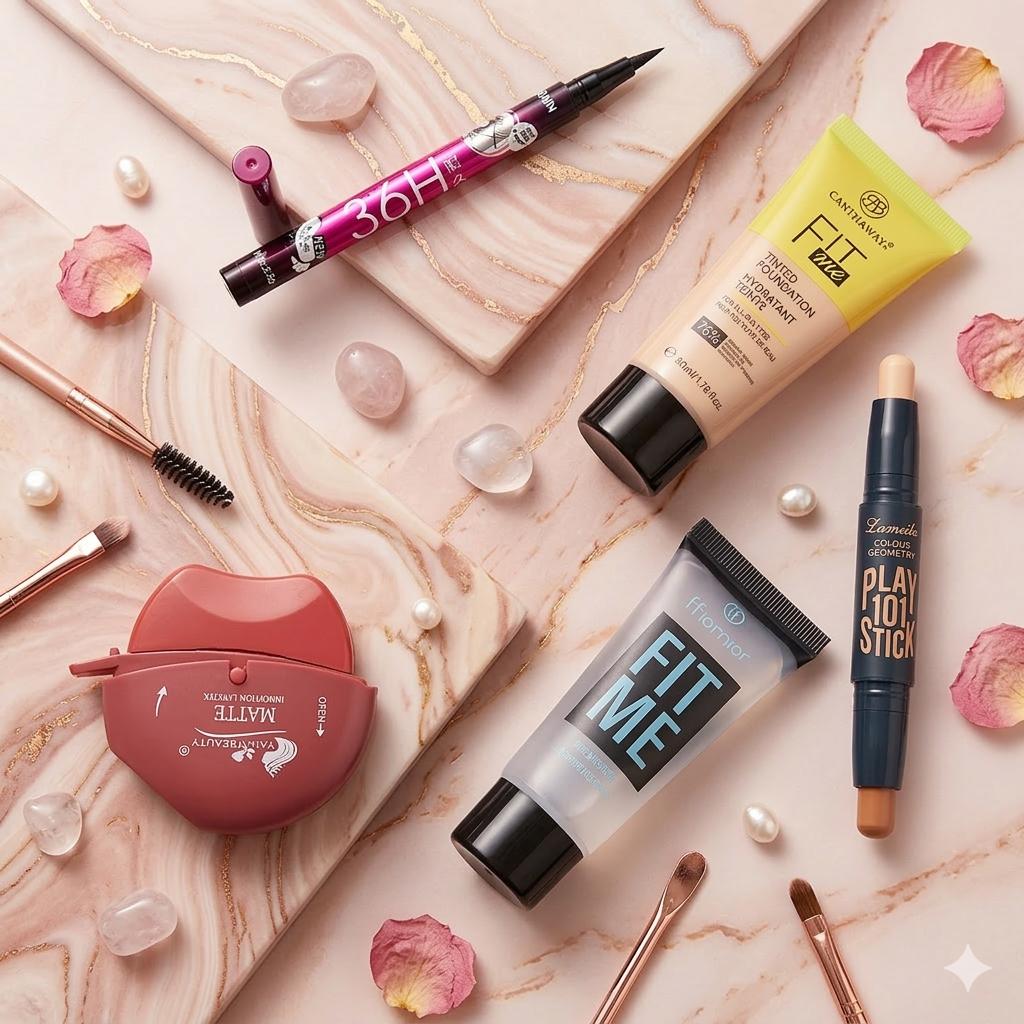 All-in-one beauty deal (Fit Me Tube Foundation & Primer , Contour Stick , 36Hr Liner & Apple Lipstick)