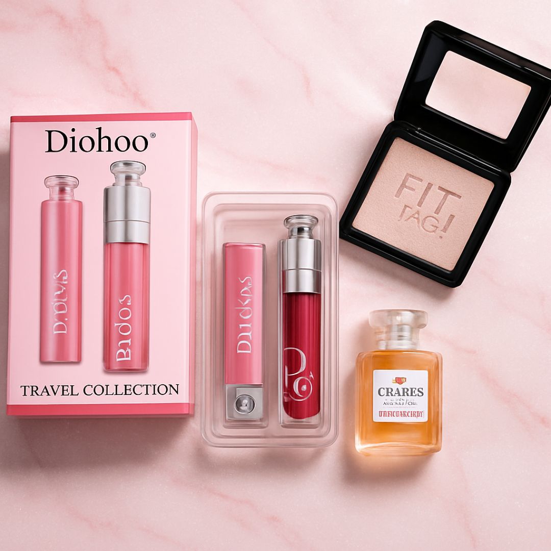 Glow & Glam Beauty Deal – Dioho Lip set , Fragrance & Highlighter