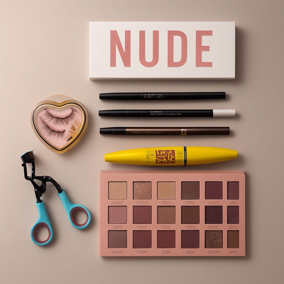 Complete Eye Glam Deal – Huda Beauty Nude Eye Kit + Mascara, Black & White Kajal, Liner, Lash & curler